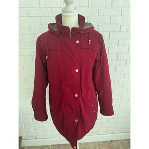 Gallery New York Parka Jacket Womens Medium Red Excellent Hooded Quilted Lining